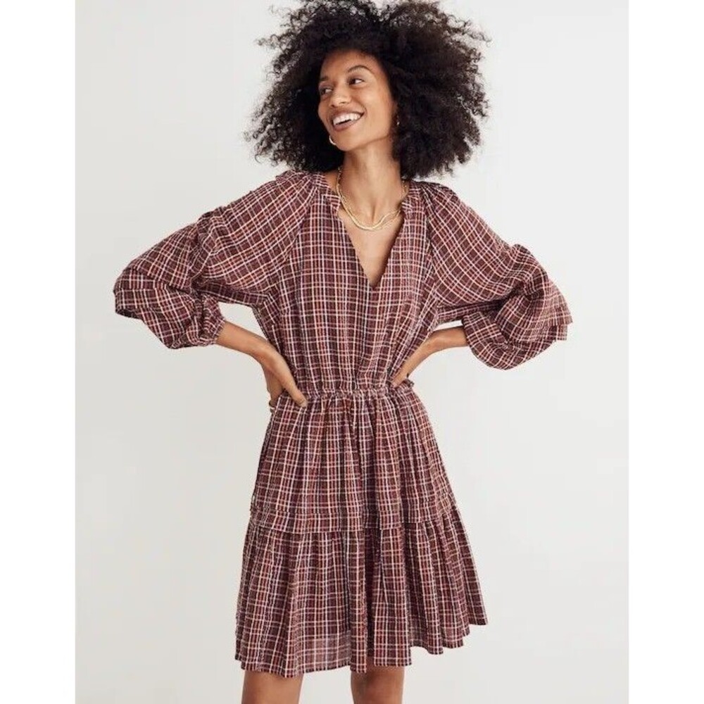 Madewell Seersucker Wrap Mini Dress Womens XL Red Plaid Tiered Cotton